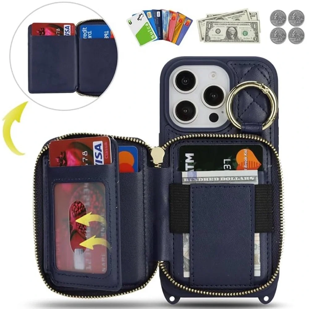 Quilted Navy blue iPhone 16 Pro Wallet Case with crossbody Strap - Picture 2 of 4